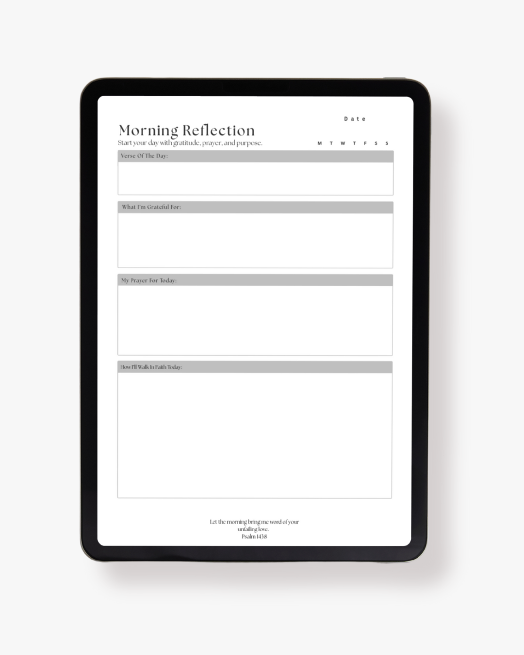 Digital FaithBase Journal displayed on an iPad showing guided reflection page.